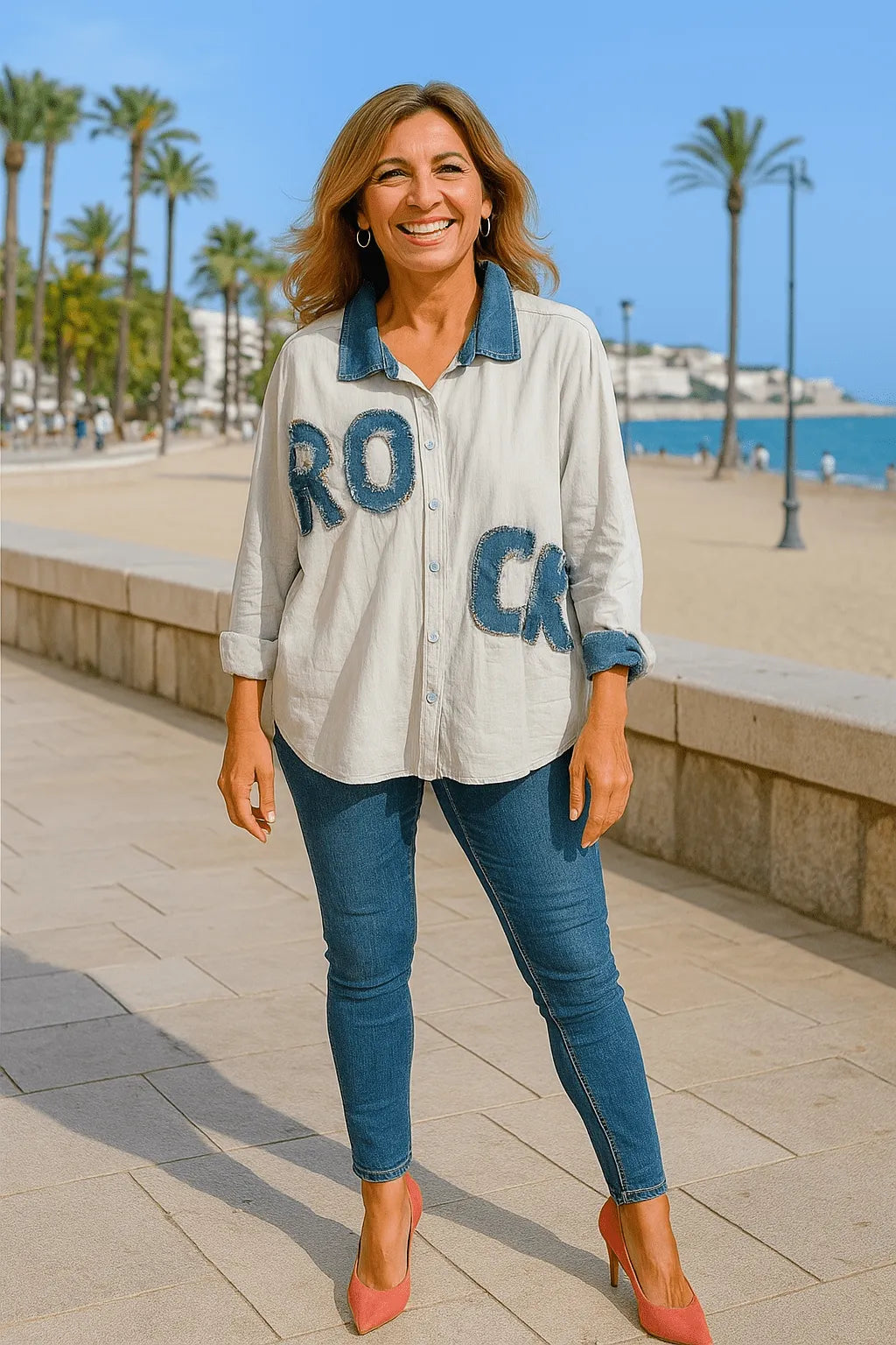 Chemise oversize femme Rebel Rock coton, empiècements jean et lettres ROCK