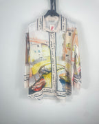 Chemise jaune Venezia femme imprimé décor italien façon Venise, ponts et canaux, vue de face sur cintre