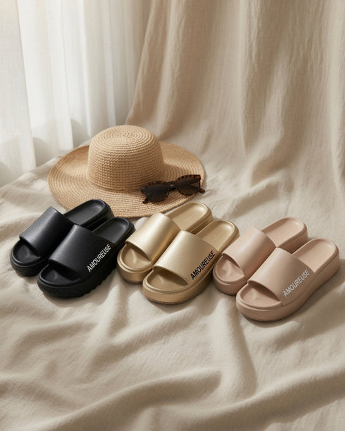 Claquettes plateforme pailletées Amoureuse en 3 coloris (noir, doré, champagne rosé) avec chapeau de paille et lunettes de soleil – Mam’s Ailes