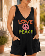 Combi-short Love Peace noire : détail de l’imprimé