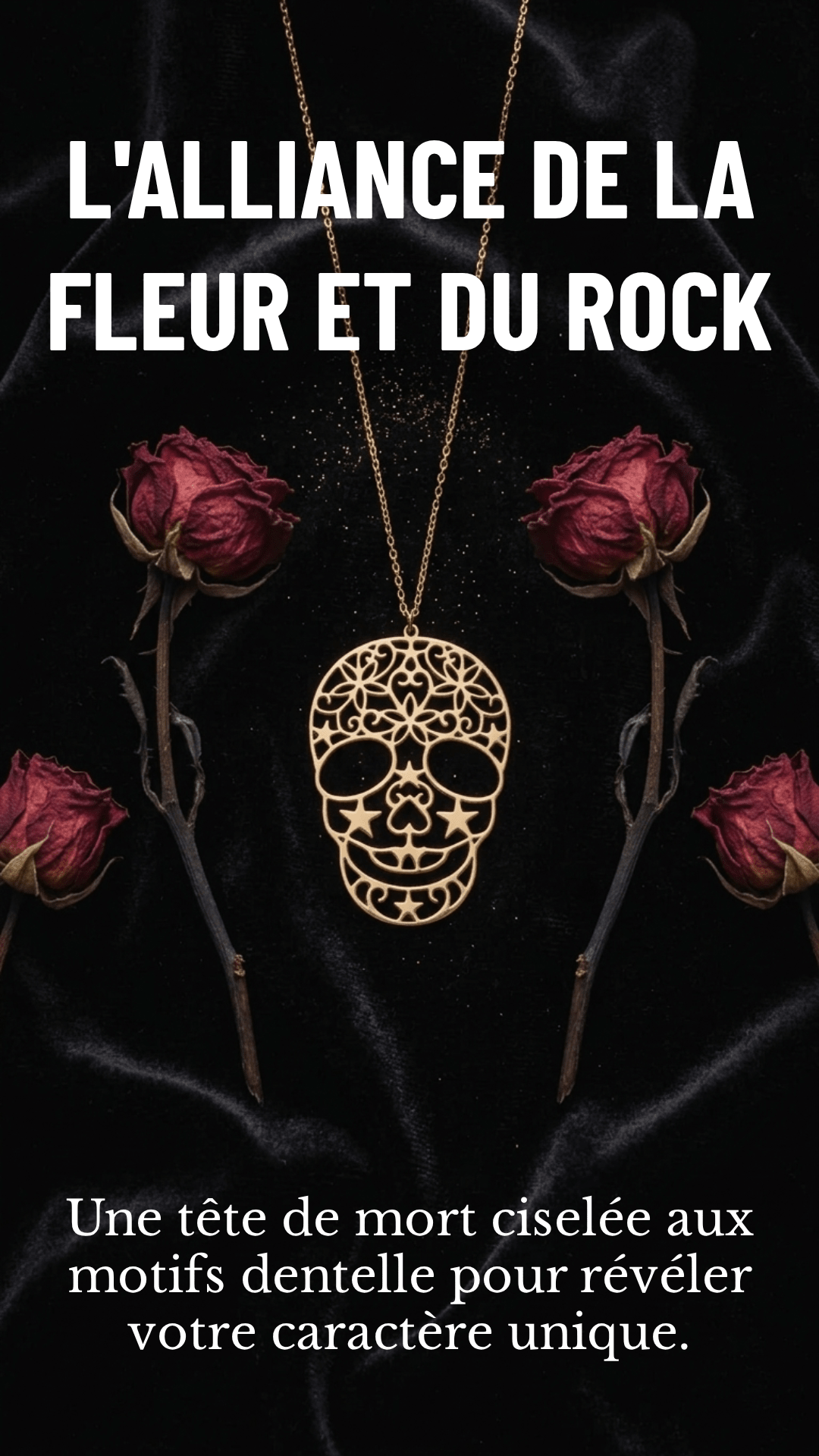 Sautoir Skull : détail des motifs floraux et de la chaîne
