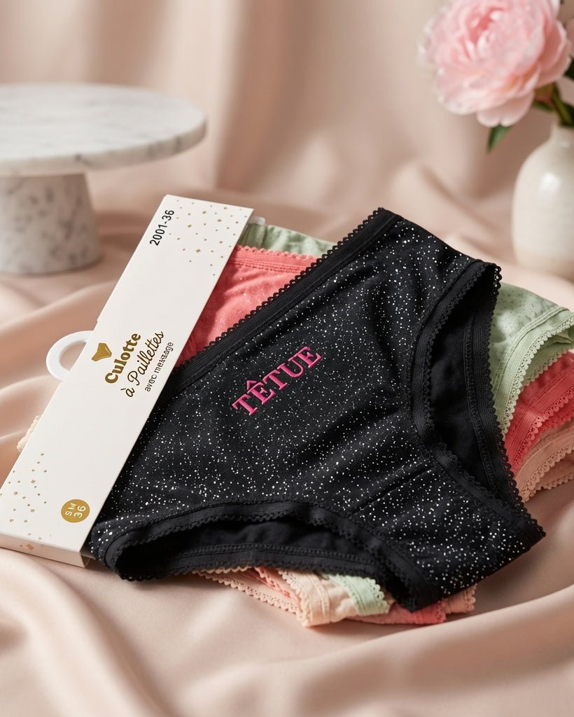 Culotte pailletée femme Têtue disponible en plusieurs coloris avec message brodé vue d'ensemble