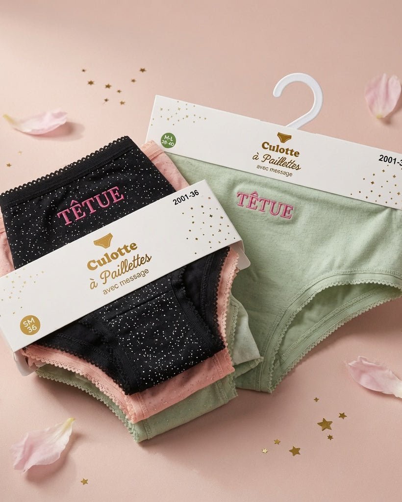 Culottes pailletées femme Têtue disponibles en plusieurs coloris avec message brodé collection