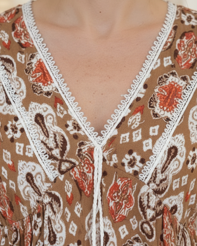 Gros plan sur l'encolure en dentelle blanche et les pompons blancs d'une blouse ethnique Mams'ailes.