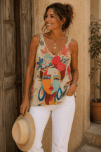 Débardeur femme sans manches irisé avec grand motif coloré sur le devant