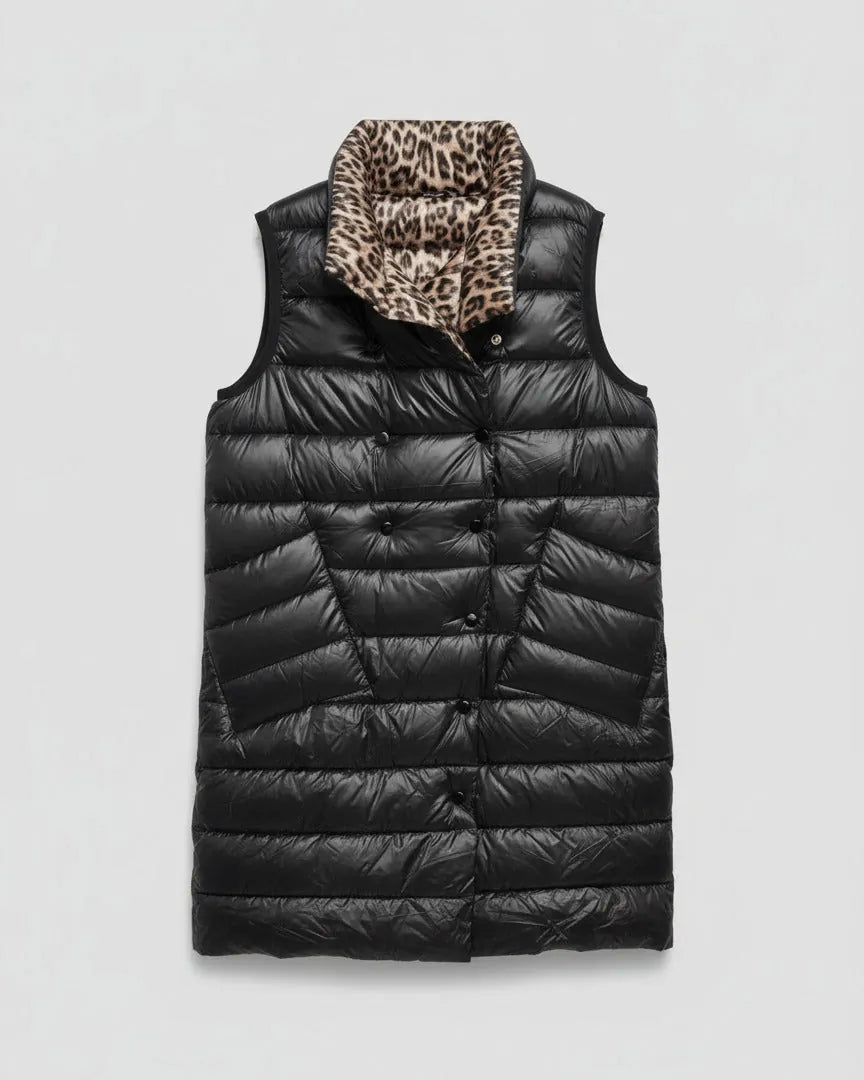 Doudoune Longue Sans Manches Réversible Noir/Léopard – 2 en 1 - Mam’s Ailes