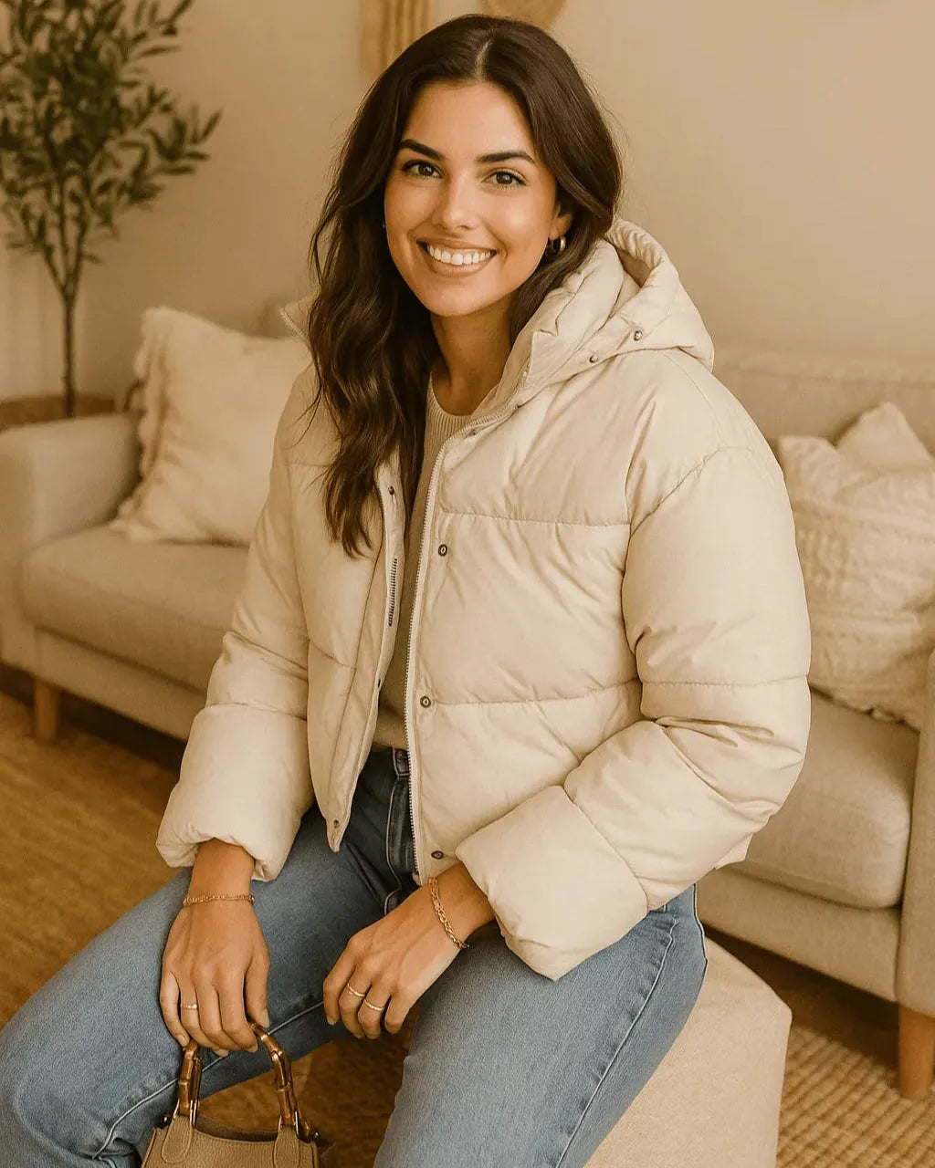Doudoune satinée femme beige courte avec capuche amovible, Made in Italy
