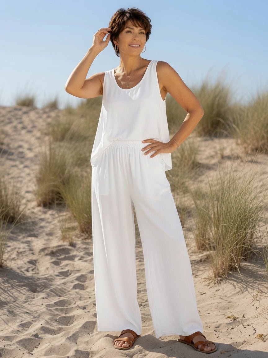 Ensemble Léa blanc en viscose avec top trapèze et pantalon large