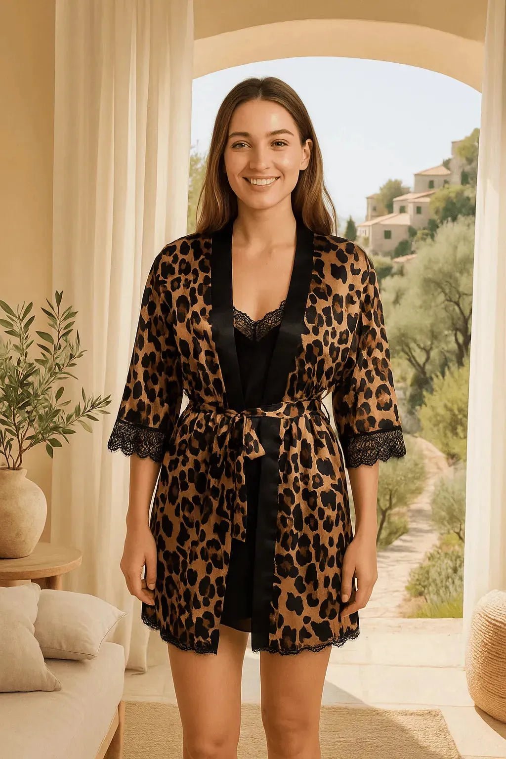 Nuisette léopard satinée à bretelles réglables
