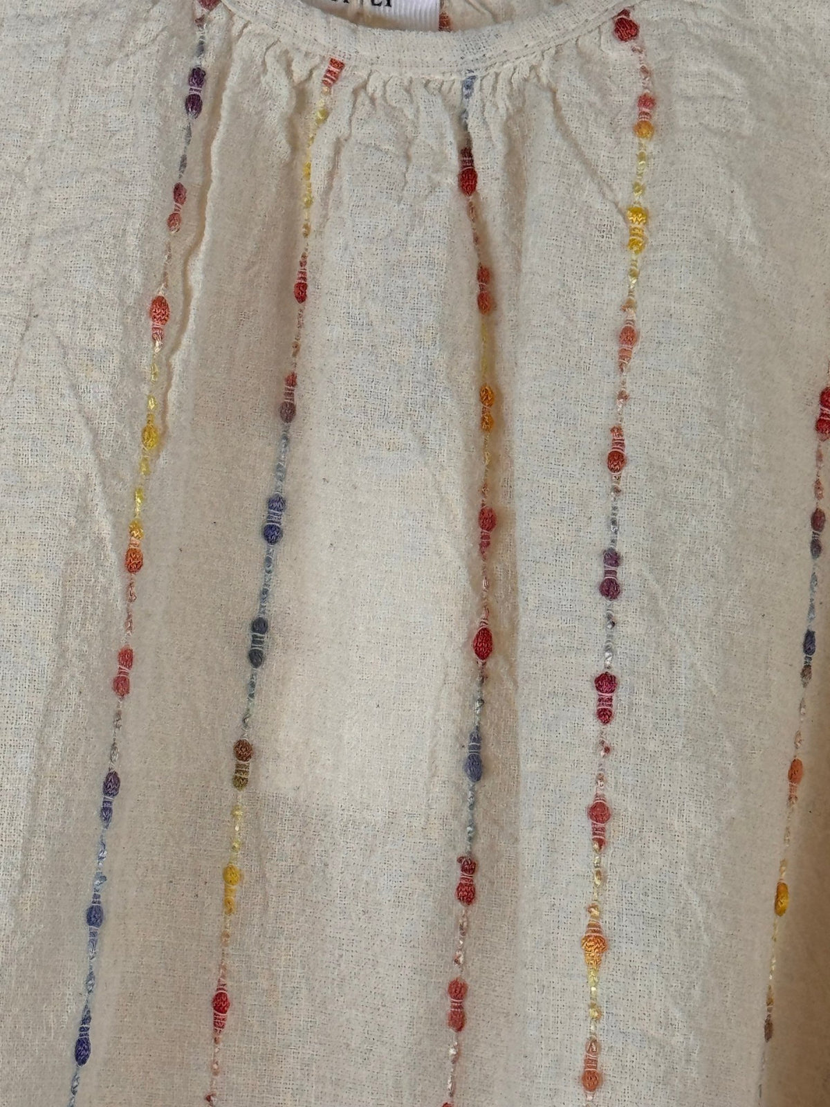 Détail des broderies colorées de l’ensemble Livia