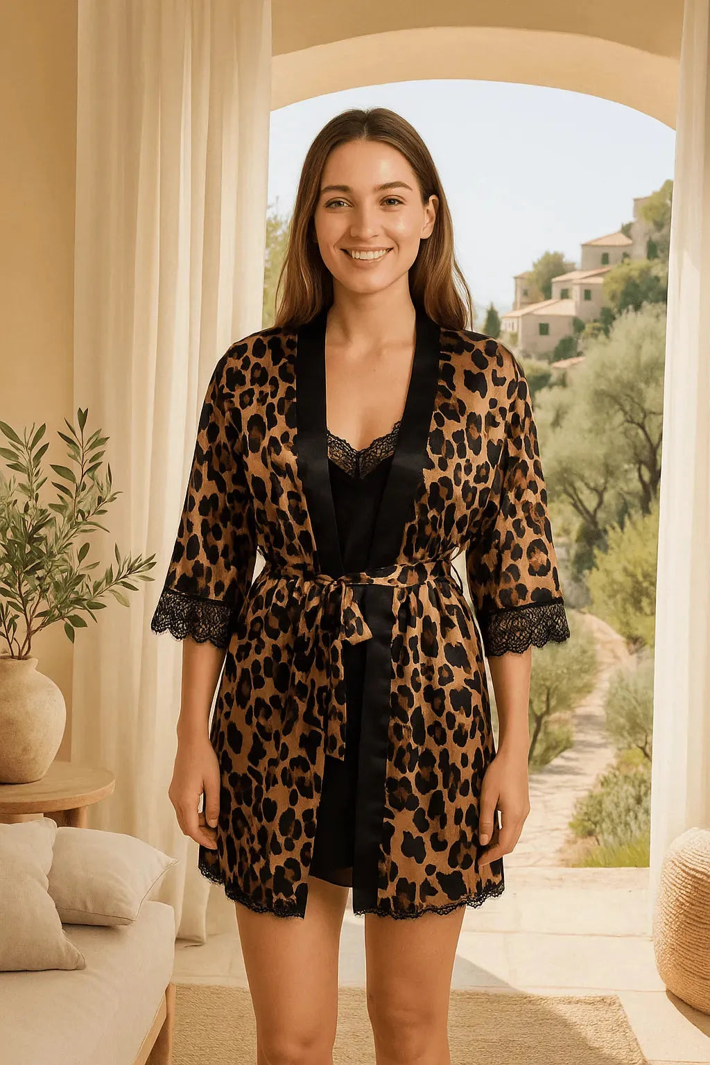 Nuisette léopard satinée bretelles réglables, lingerie féminine élégante