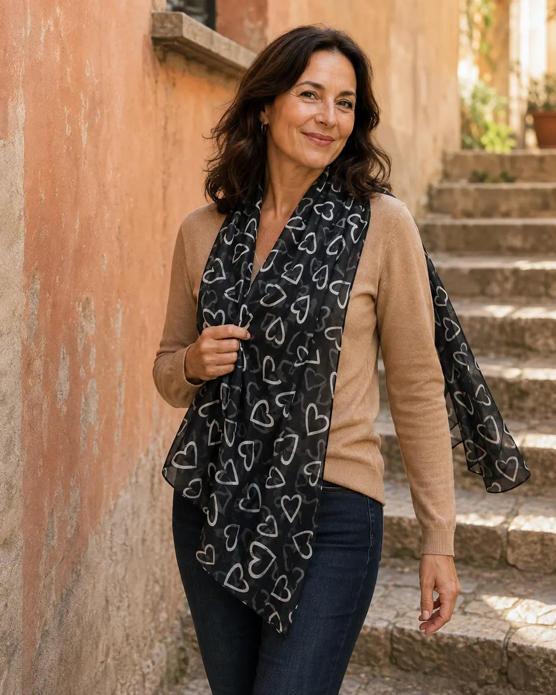 Femme portant le foulard Batticuore noir à cœurs blancs, drapé de façon asymétrique sur l’épaule