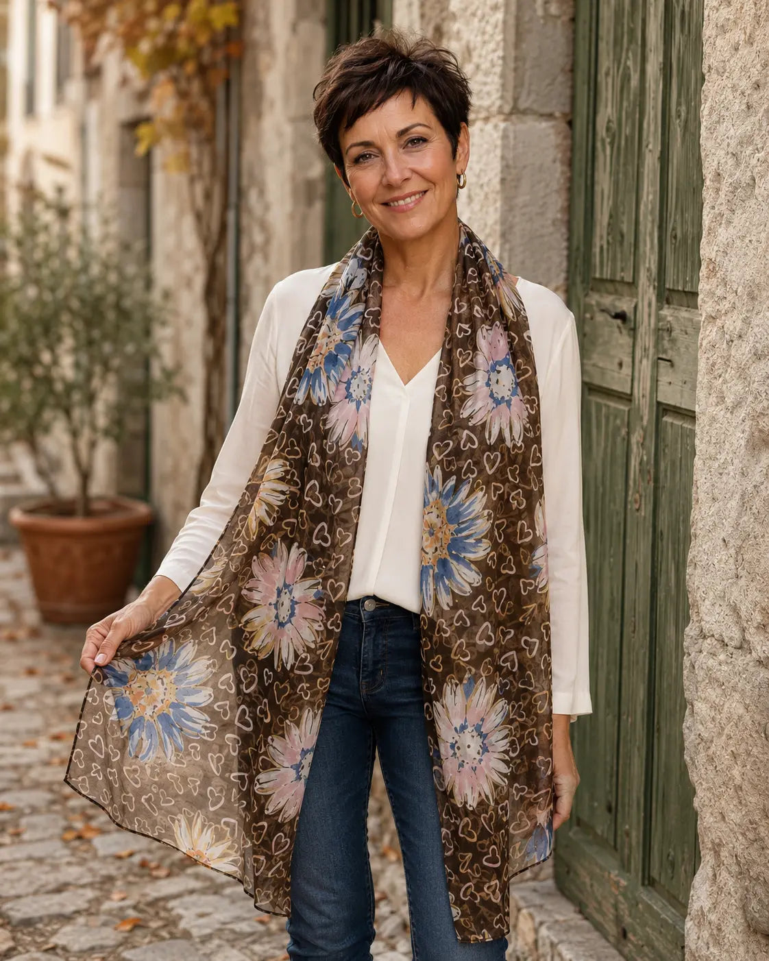 Femme portant le foulard Fiora chocolat 180 x 80 cm à grandes fleurs et petits cœurs, drapé long