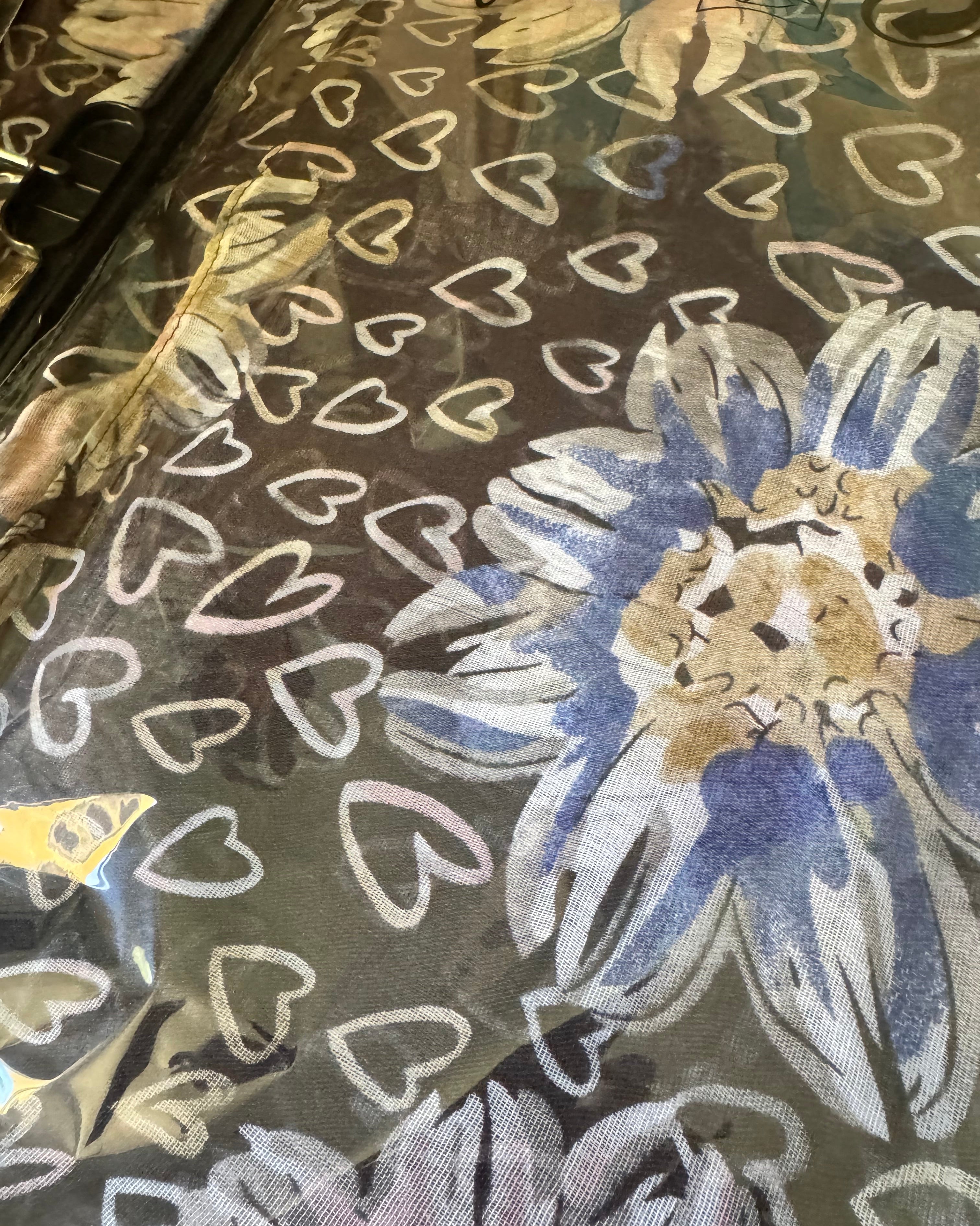 Détail bleu et beige des fleurs et petits cœurs du foulard Fiora
