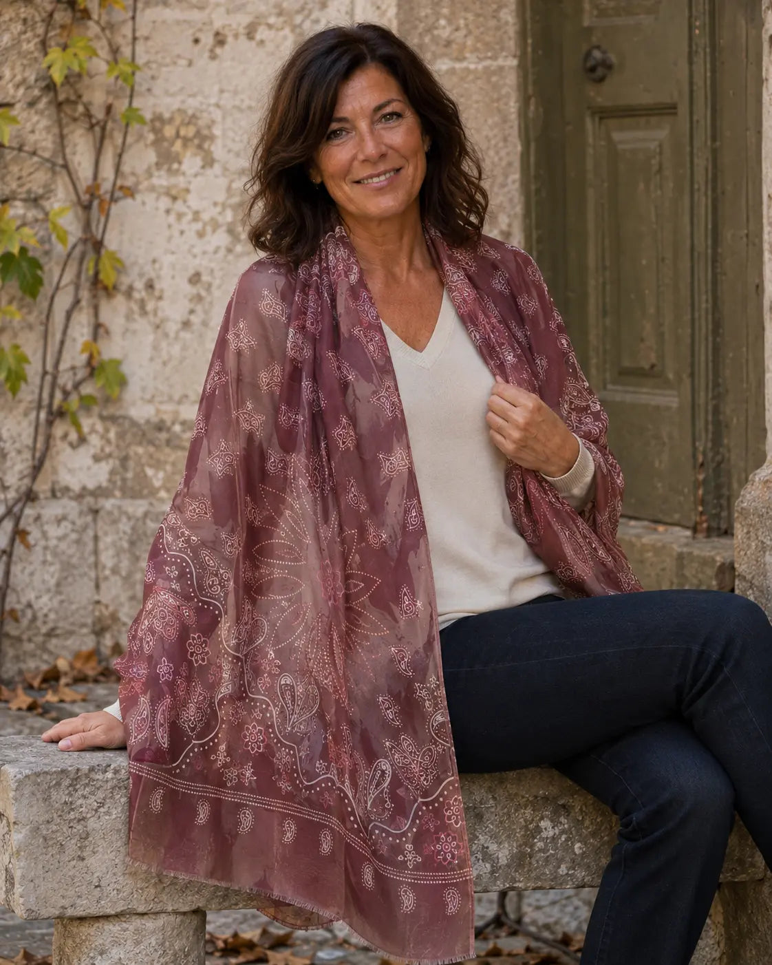 Femme portant le foulard Roma bordeaux à motifs cachemire et floraux comme une étole légère sur les épaules