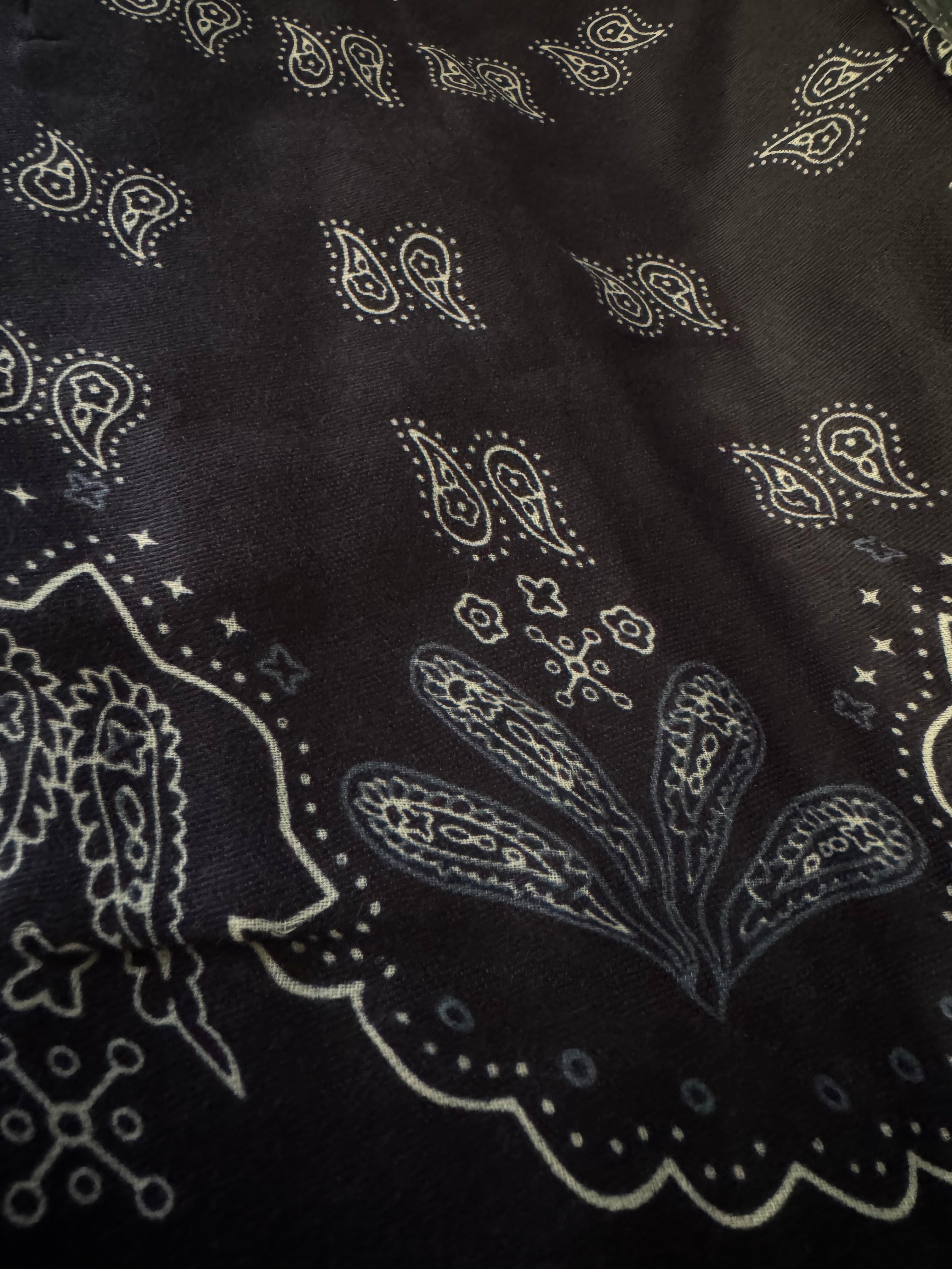 Détail du motif cachemire sur fond très sombre du foulard Roma