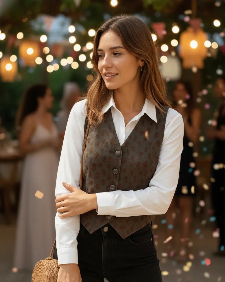 Gilet léopard pailleté porté sur une chemise blanche