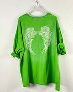 Dos réel du haut Angel vert effet délavé avec grandes ailes blanches