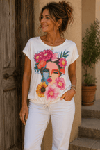 Haut fluide femme jusqu’au 46 48 avec motif Frida et bas resserrable