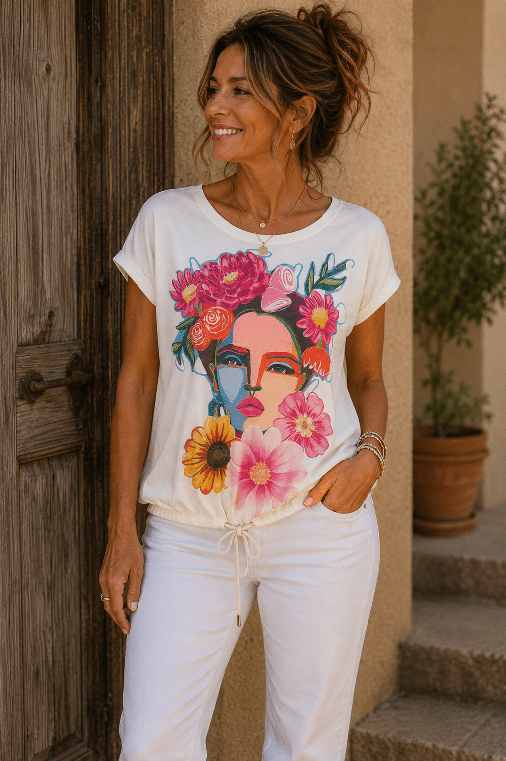 Haut fluide femme jusqu’au 46 48 avec motif Frida et bas resserrable