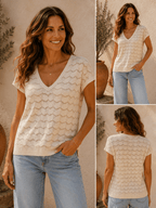Femme portant un haut maille ajourée écru manches courtes avec jean clair style bohème chic été