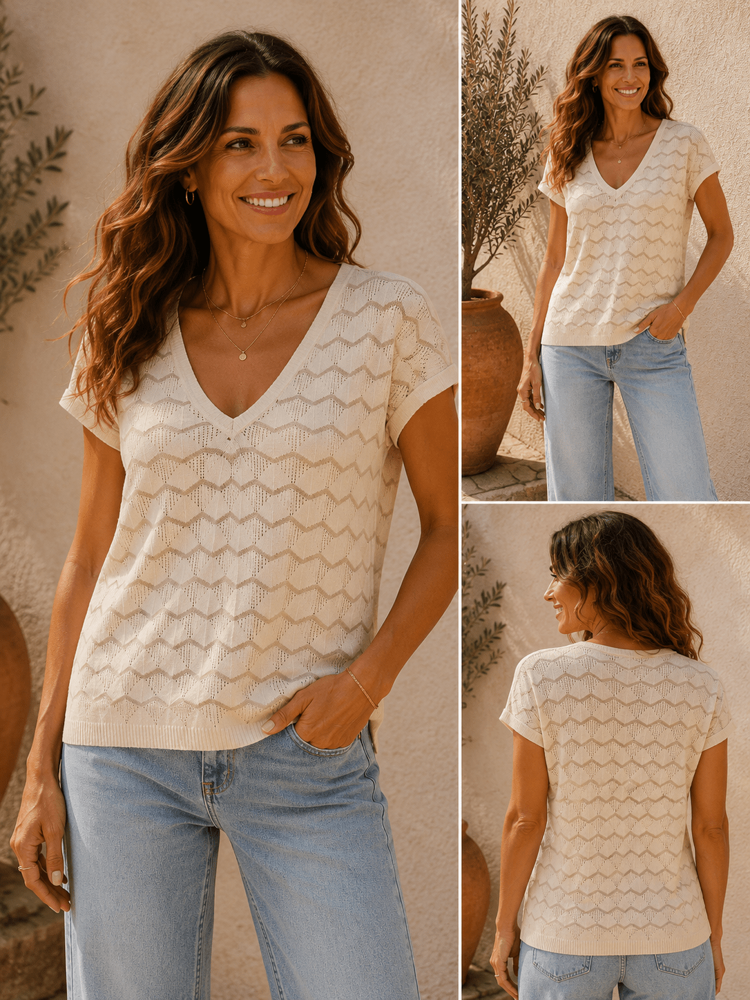 Femme portant un haut maille ajourée écru manches courtes avec jean clair style bohème chic été
