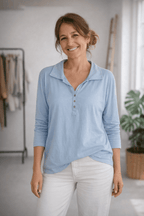 Haut Polo bleu jean à manches longues, vue portée