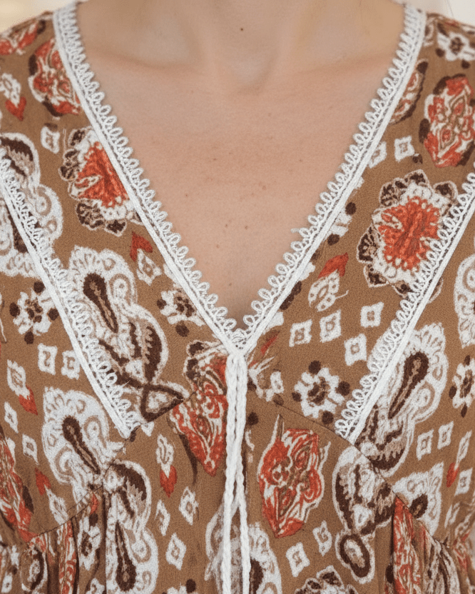 Gros plan sur l'encolure en dentelle blanche et les pompons blancs d'une blouse ethnique Mams'ailes.