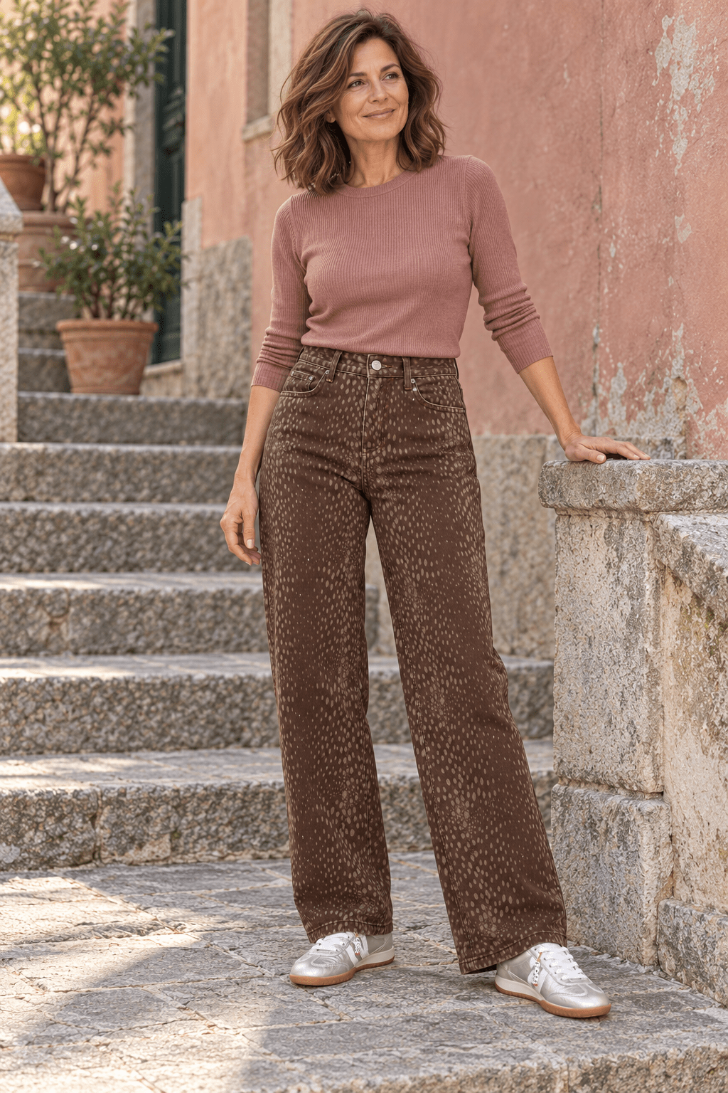 Femme aux cheveux châtains mi-longs portant le jean Bambi, un pull rose poudré et les baskets Silver près d’un escalier italien