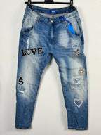Jean Brera S.Woman coupe boyfriend en denim délavé avec motifs et strass, vue réelle 1
