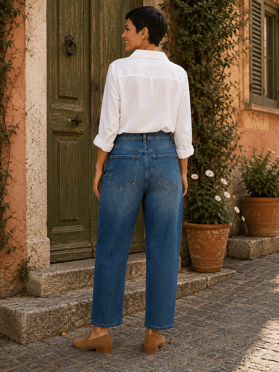Dos du jean-jupe Alessia S.Woman porté par Sofia, coupe droite et poches arrière