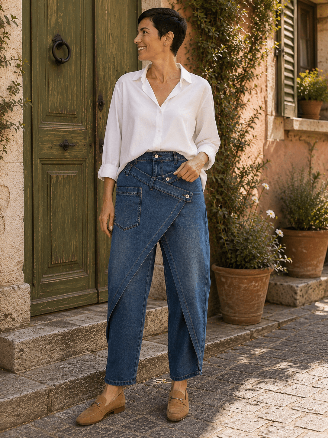 Jean-jupe Alessia S.Woman porté par Sofia, panneau portefeuille asymétrique et chemise blanche