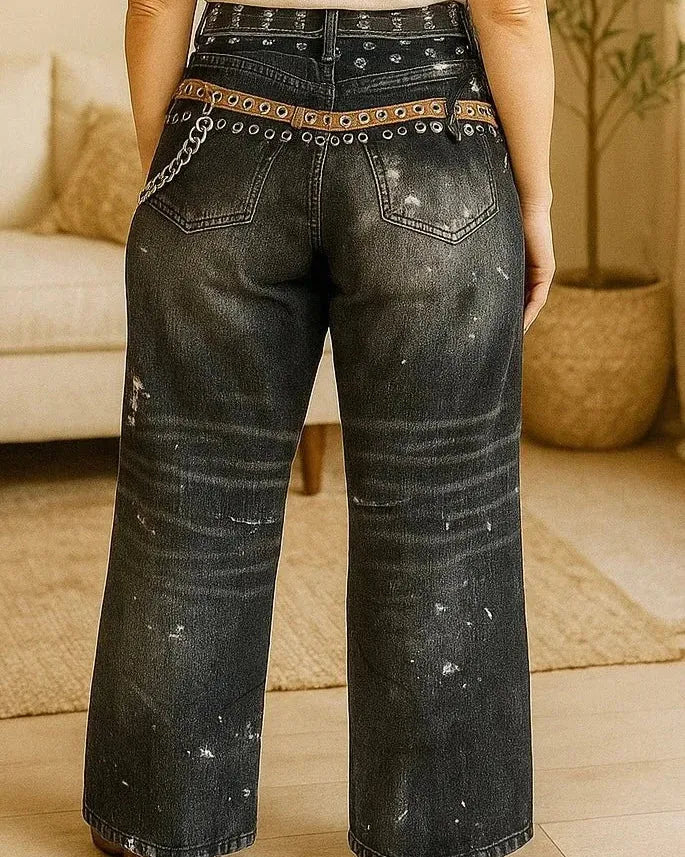 Jean original femme coupe large effet paint splatter blanc arty vue de dos