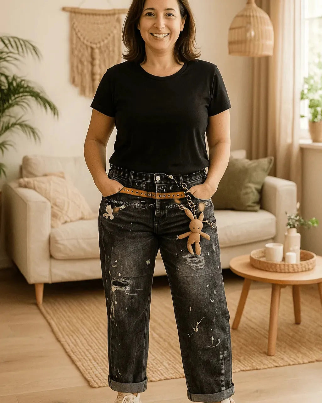 Jean femme jambe large Lapinou coton stretch avec détail lapin trompe-l’œil