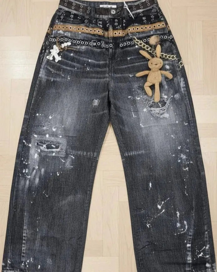 Jean femme jambe large Lapinou coton stretch avec détail lapin trompe-l’œil