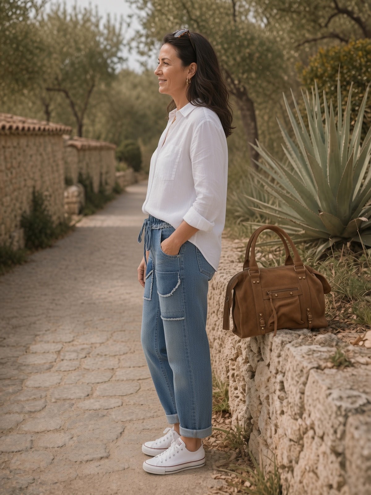 Jog-jean Torino bleu porté de profil avec chemise blanche et baskets
