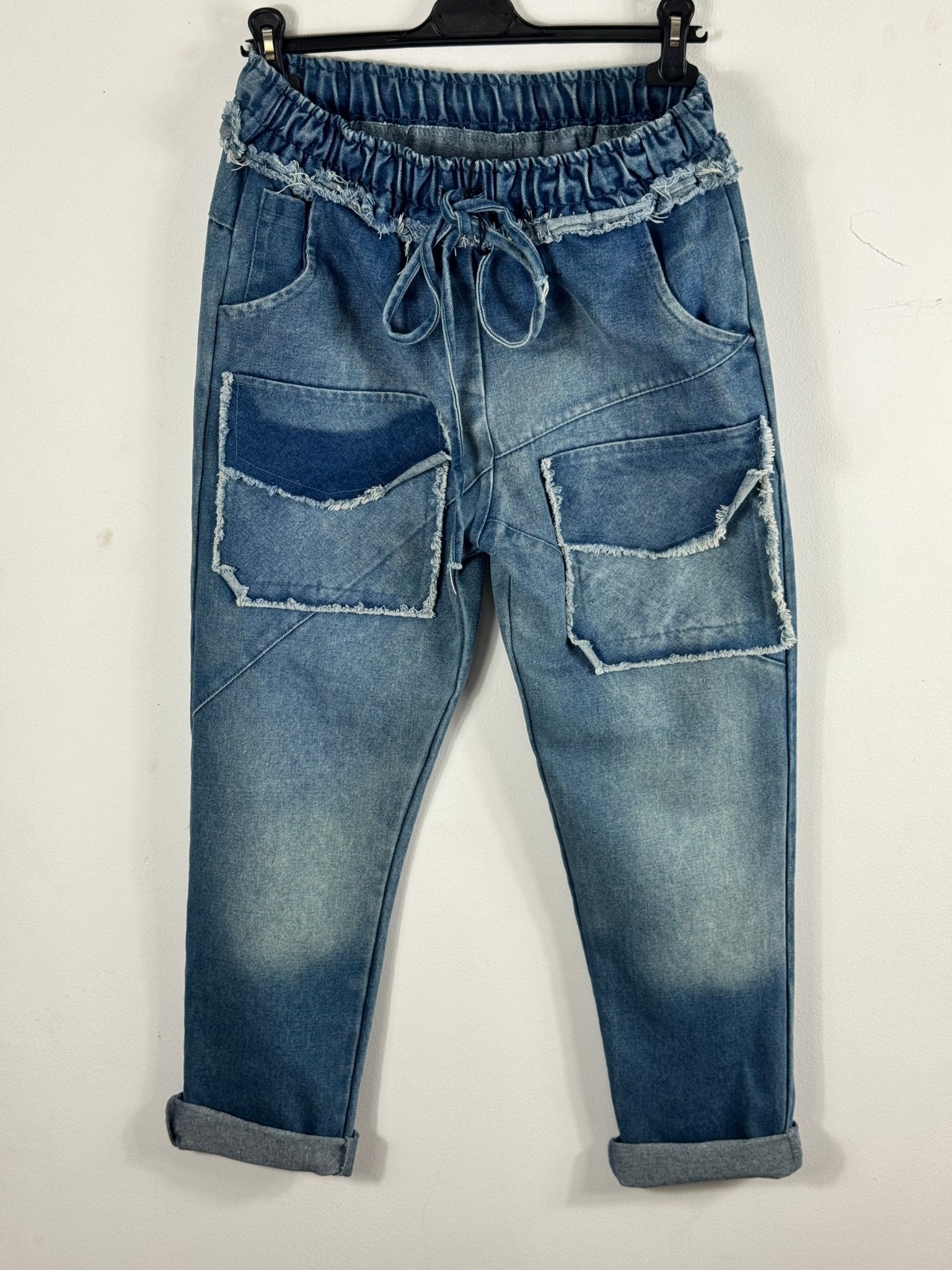Jog-jean Torino bleu délavé à taille élastiquée et grandes poches cargo, vue de face