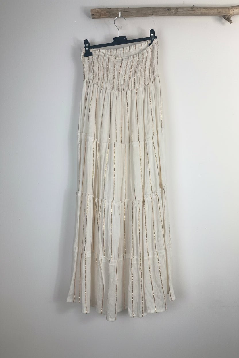 Jupe longue bohème écrue femme avec taille élastique, fils cuivrés et coupe fluide, vue de face