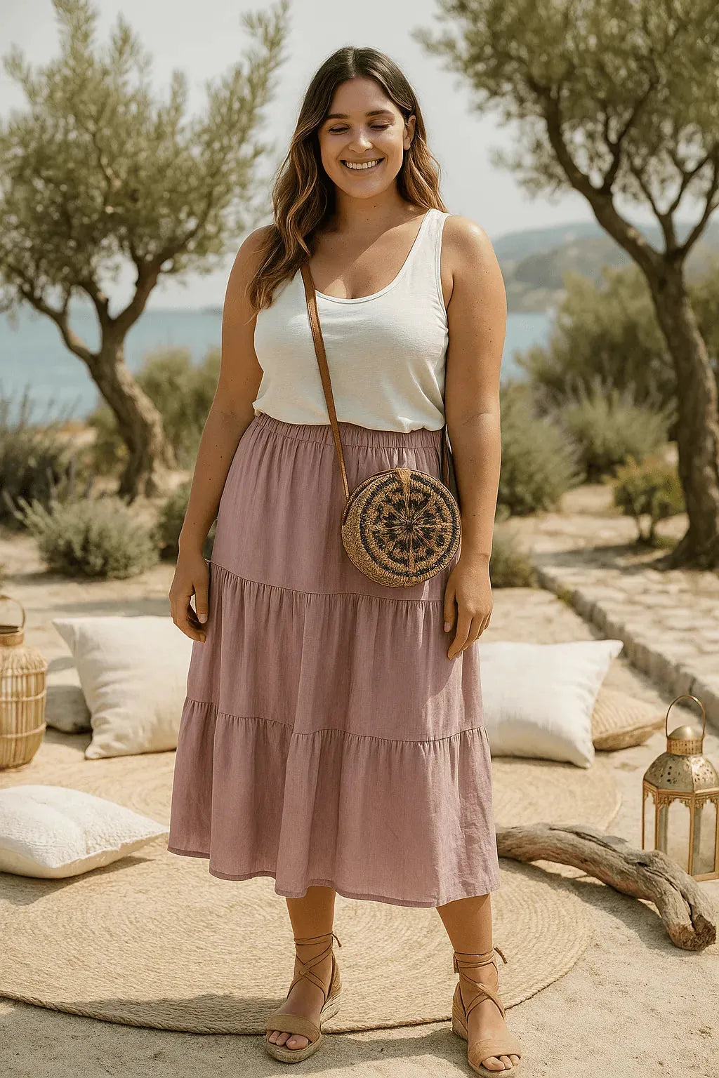 Jupe longue volants femme portée, coupe fluide évasée, made in Italy
