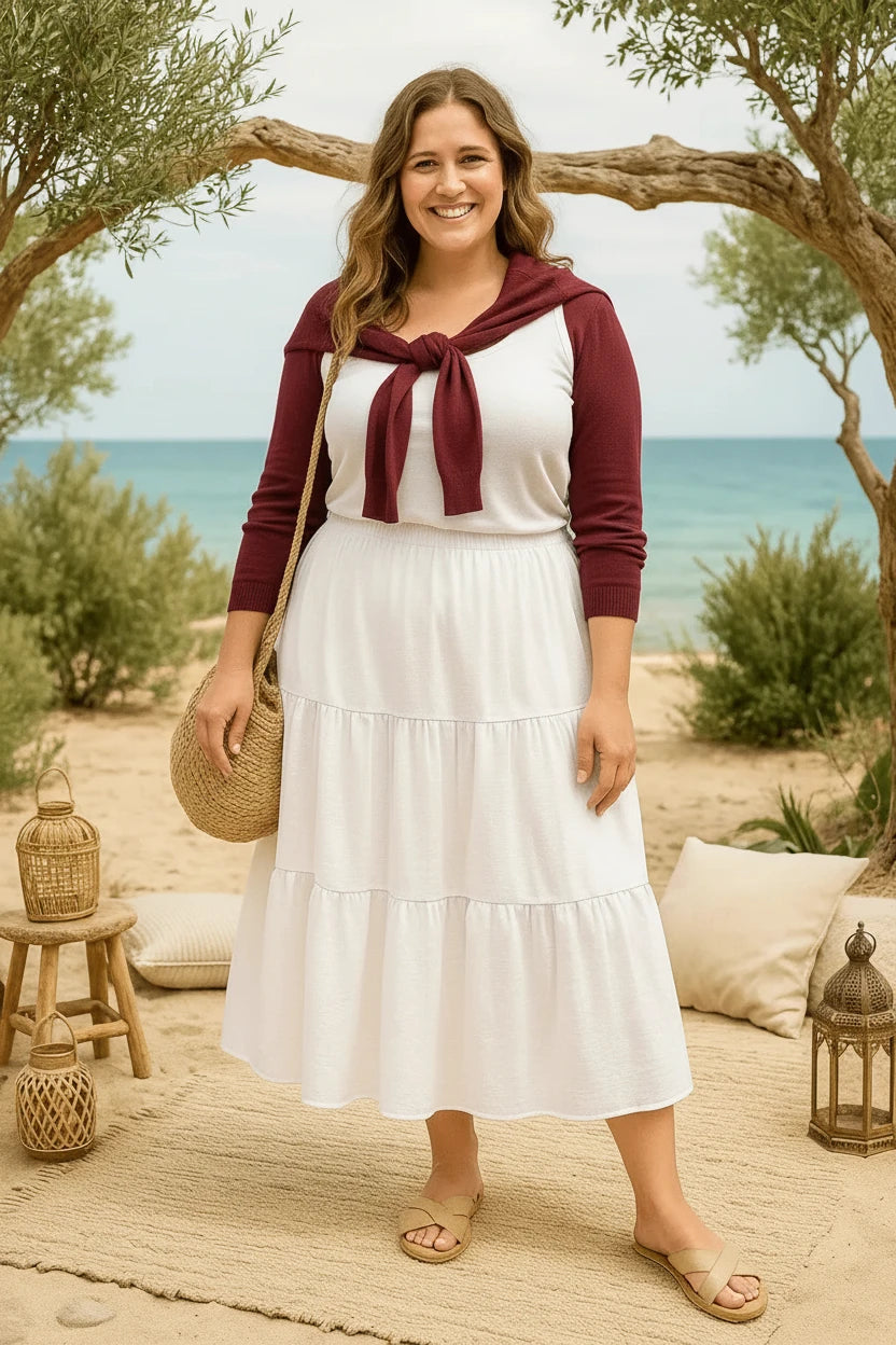 Jupe longue blanche à volants bohème, viscose fluide, ceinture élastique
