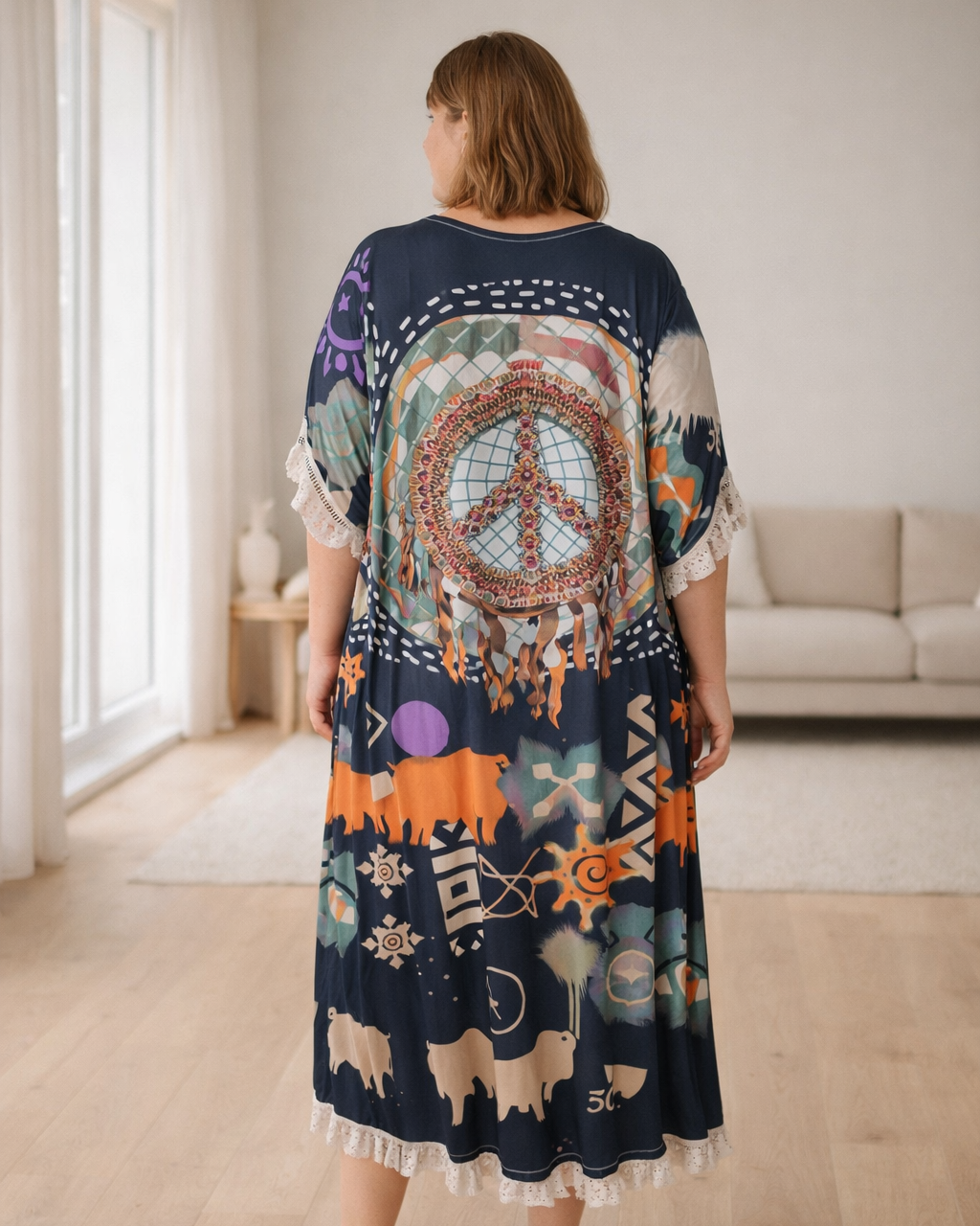 Kimono long bohème bleu marine à imprimé peace and love multicolore, finitions dentelle et franges, vue dos, coupe ample grande taille
