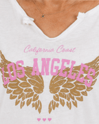 Macro sur col Tee-shirt femme blanc manches longues imprimé Los Angeles rose 