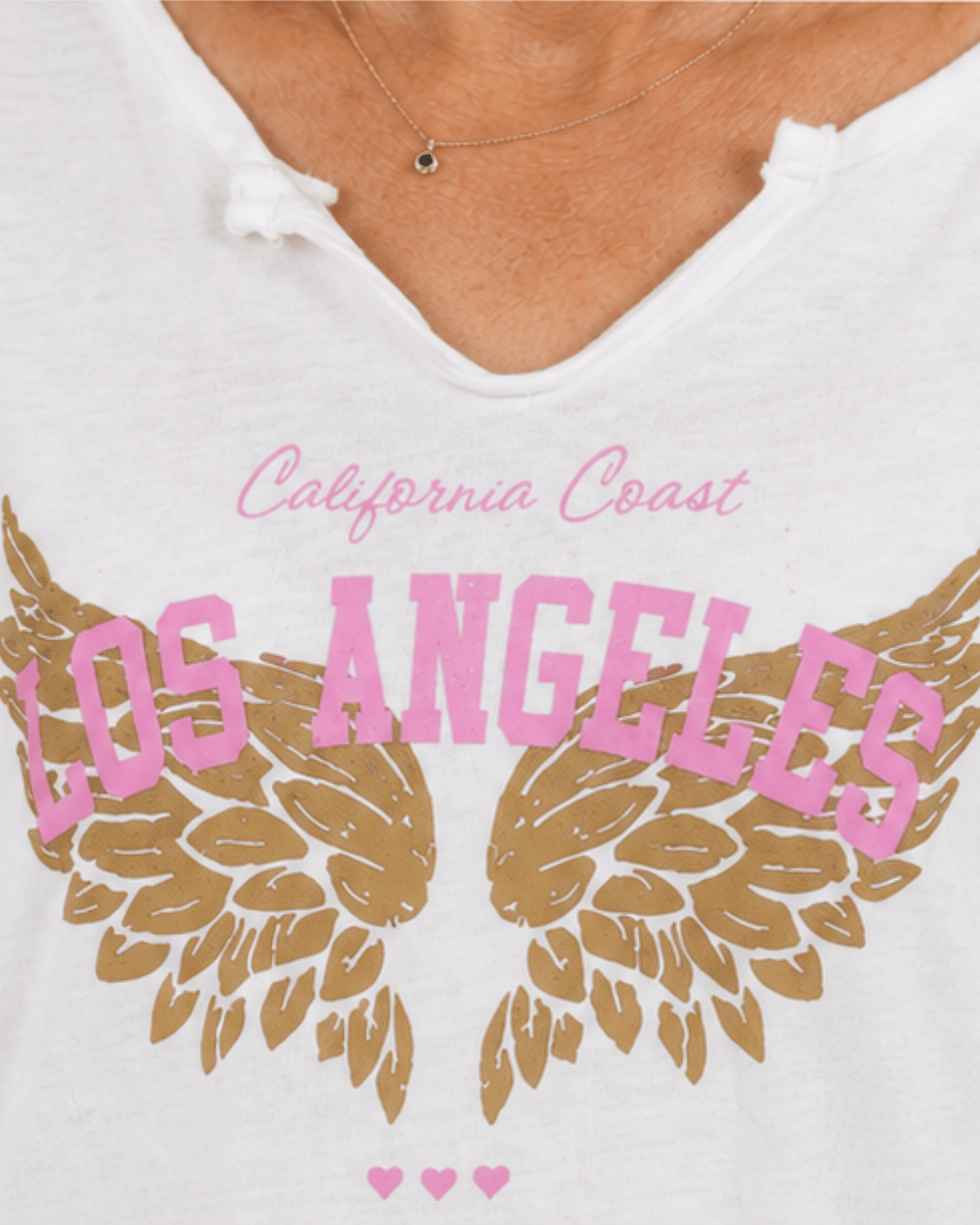 Macro sur col Tee-shirt femme blanc manches longues imprimé Los Angeles rose 