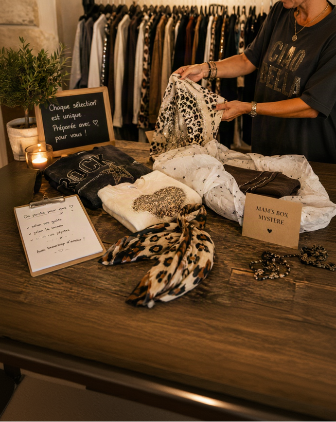 Préparation à la main d’une Mam’s Box Mystère avec sélection de vêtements dans la boutique