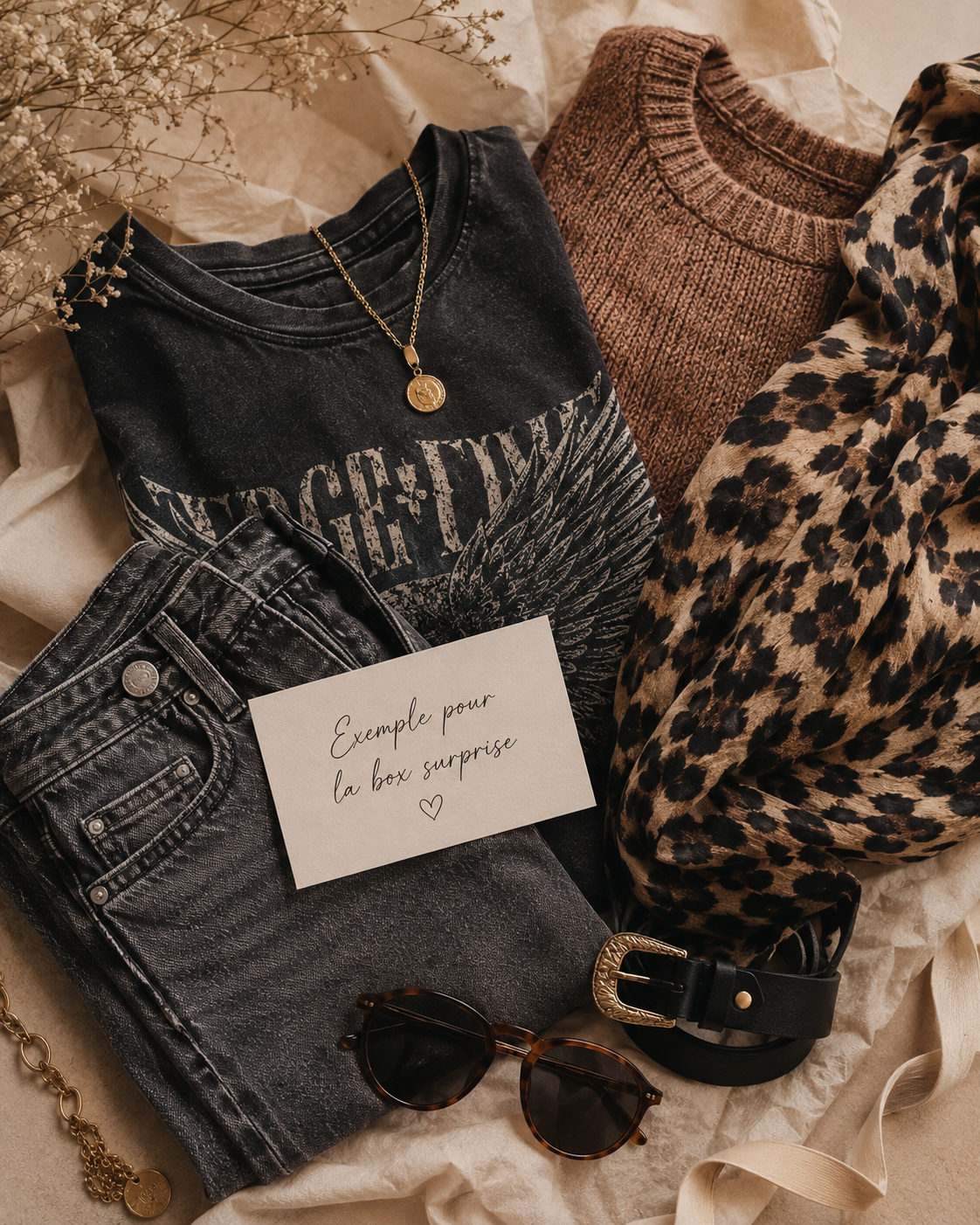 Exemple de Mam’s Box Mystère au style rock avec vêtements léopard, jean et accessoires