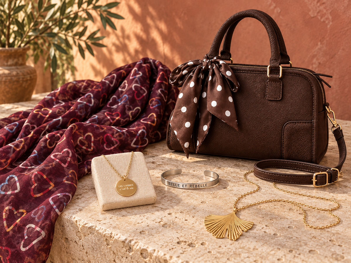 Idées cadeaux Mam’s Ailes : foulard bordeaux à cœurs, sac Livia chocolat, collier à médaille, jonc Belle et rebelle et sautoir Ginkgo.