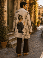 Dos du manteau Paola beige à feuillage vert porté par Sofia dans une rue italienne
