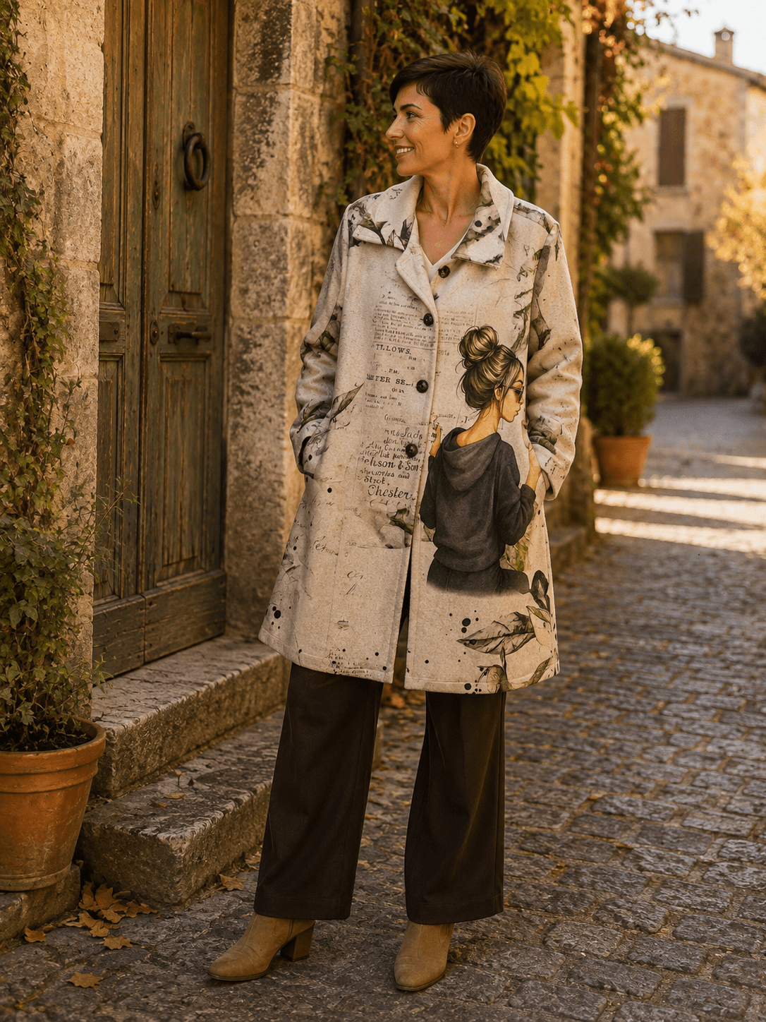 Manteau Paola beige à imprimé café et feuillage porté par Sofia dans une rue pavée italienne