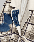 Détail des empiècements denim et des revers ivoire du manteau S.Woman