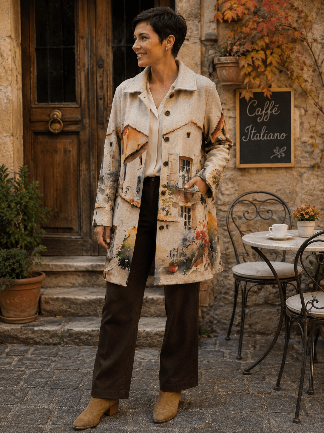 Manteau Toscana beige à motif village provençal porté par Sofia devant un café italien